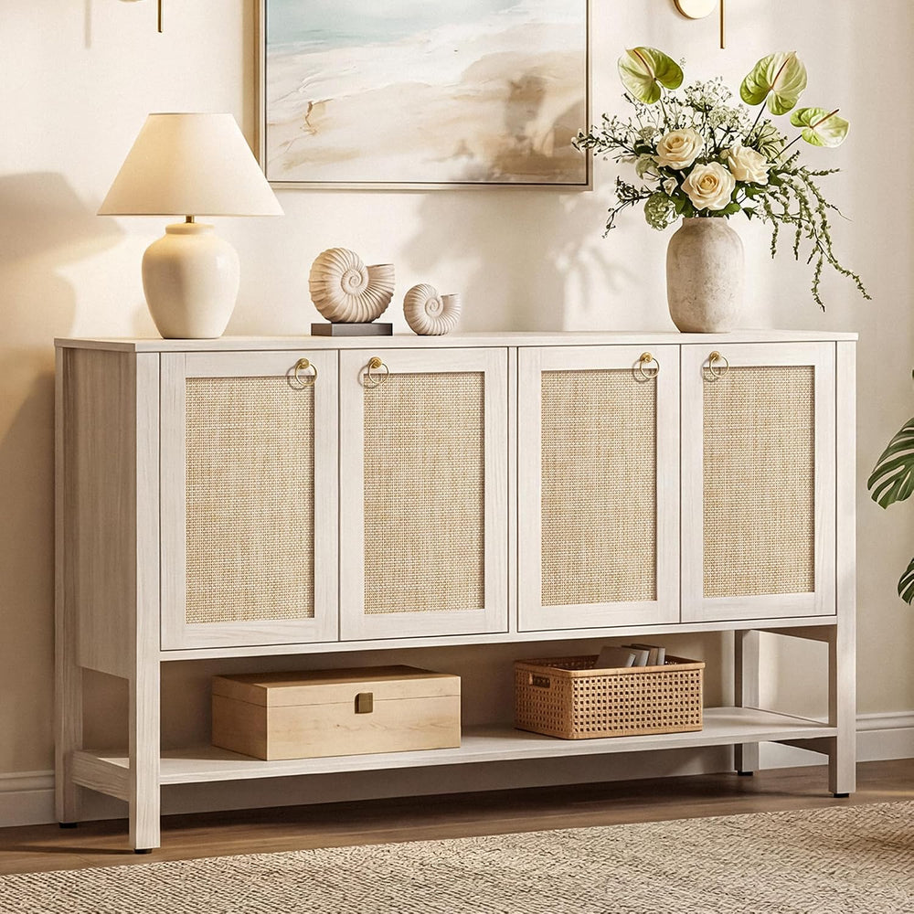 SICOTAS White Sideboard Buffet Cabinet with Rattan Doors, 55" Boho Credenza