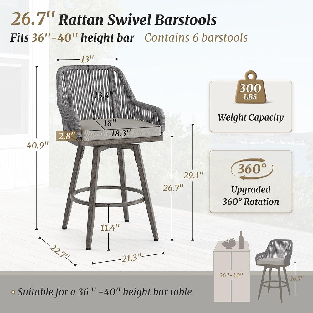 Cozyman Outdoor Bar Stools Set of 6, 360° Swivel Aluminum Rattan Bar Stool wi...