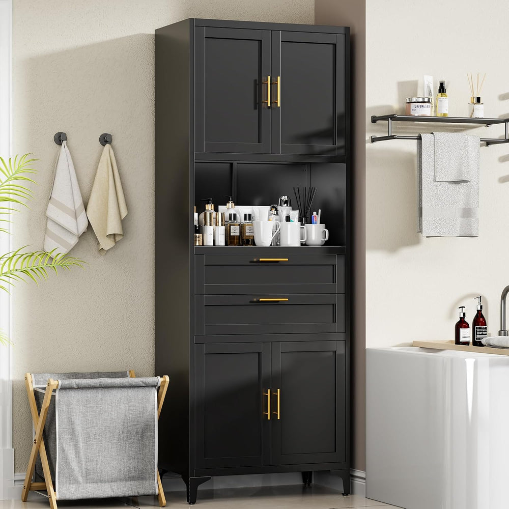 75” Tall Kitchen Pantry Storage Cabinet, Metal Storage Cabinet with 2 Drawers...