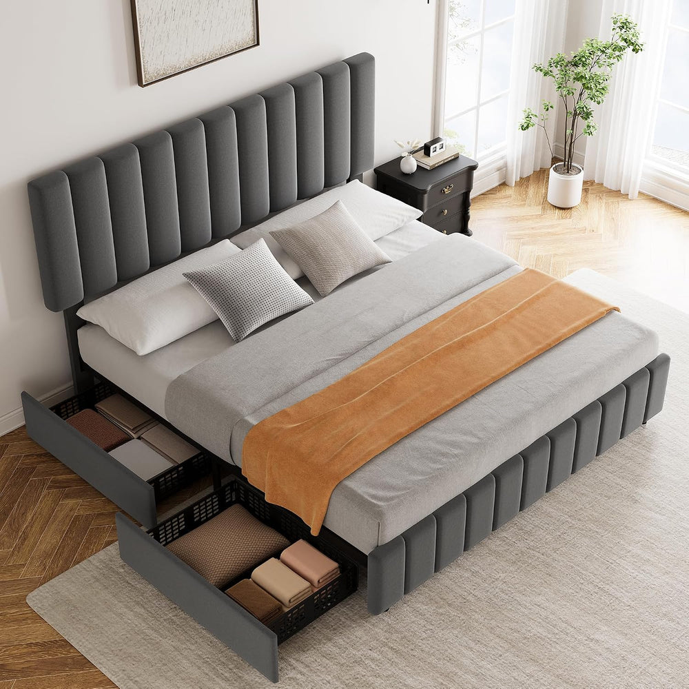 Garvee Queen Size Bed Frame, Linen Bed Frame with 4 Storage Drawers, Grey