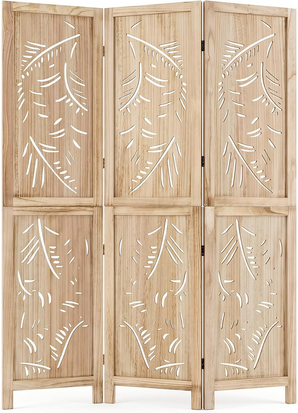 GIANTEX 3 Panel Boho Room Divider with Carved Palm Leaf Pattern, Natural