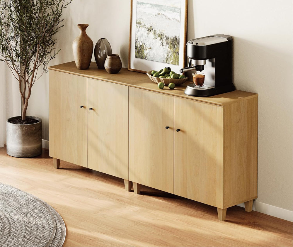 WAMPAT 71" Wide Wood Sideboard Buffet Table with 4 Doors – Large Oak Cre...