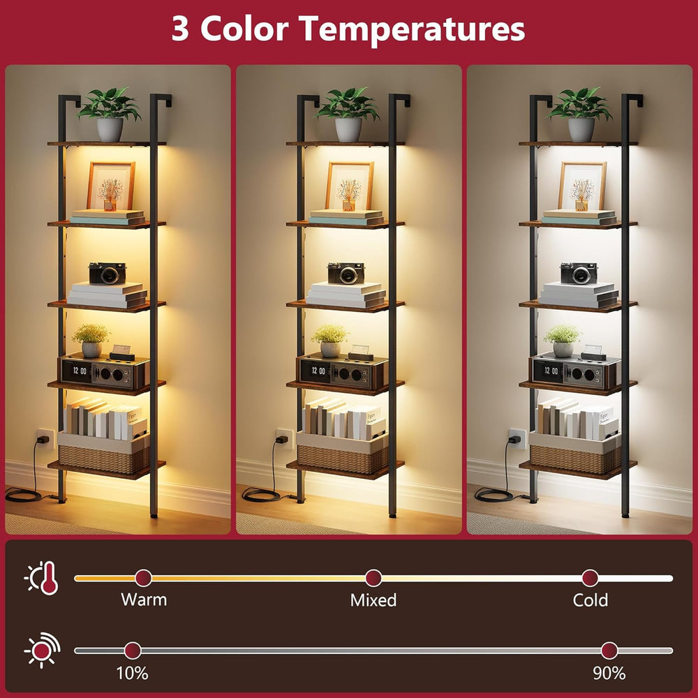 Tajsoon 5 Tier Ladder Bookshelf with Light, Wall Ladder Shelf Rustic Brown