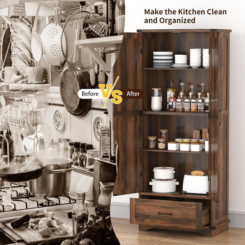 71" Farmhouse Kitchen Pantry Storage Cabinet with Drawer & 2 Barn Do...