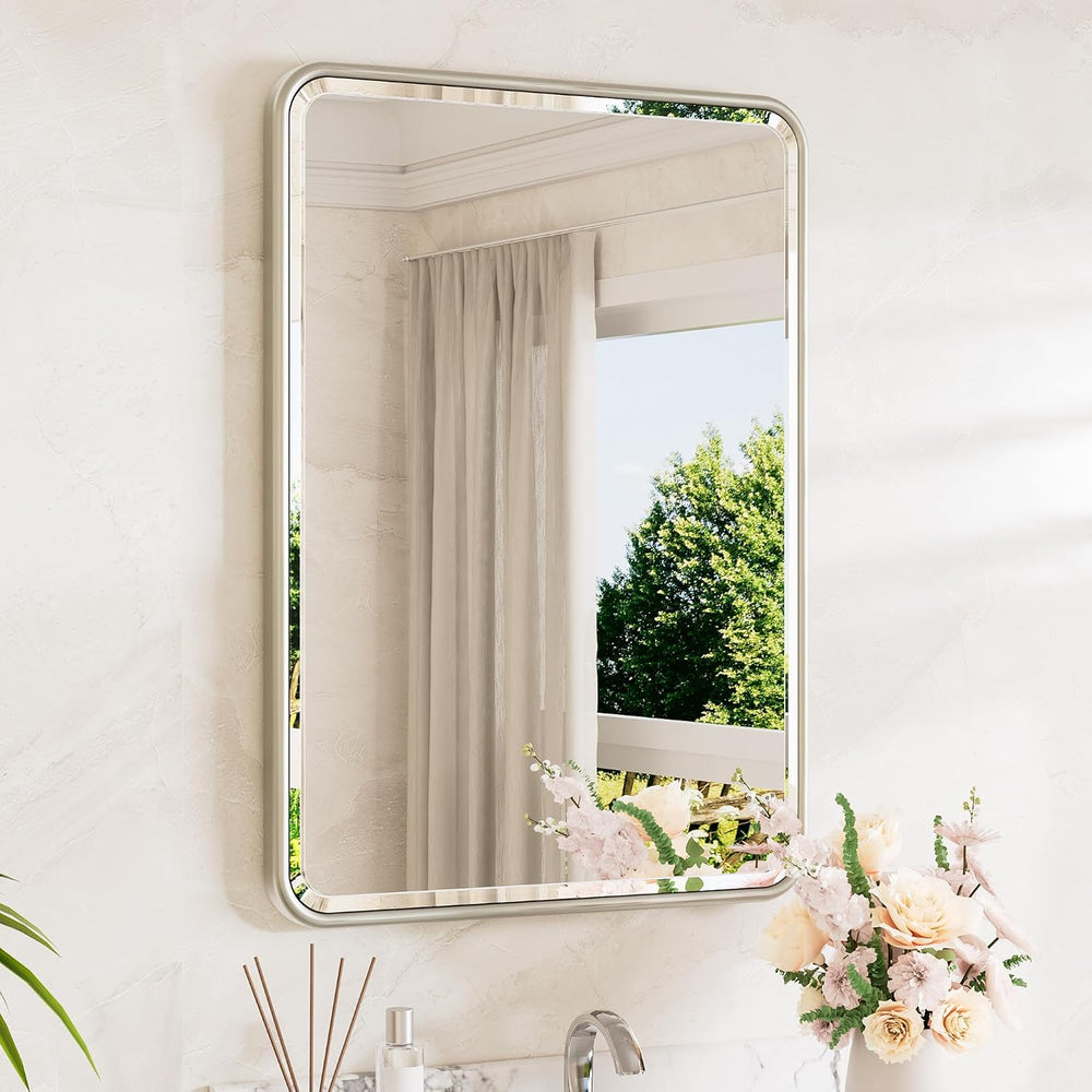 TETOTE Brushed Nickel Mirror 20 x 30 Beveled Edge Tempered Glass, Rounded Cor...