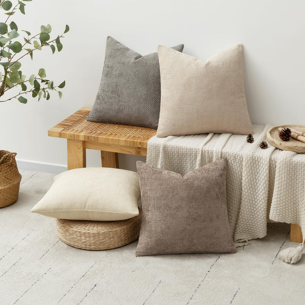 MIULEE Decorative Chenille Pillow Covers Neutral Beige 18x18 Pack of 4