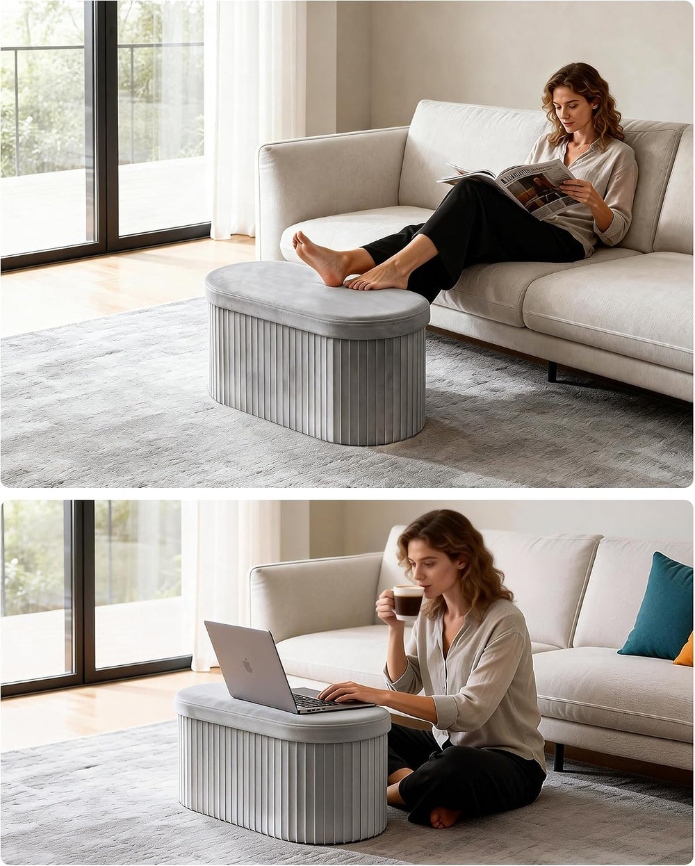 GLAXYFUR Folding Storage Ottoman, Velvet Upholstered Foot Rest, 30 Inches Ova...