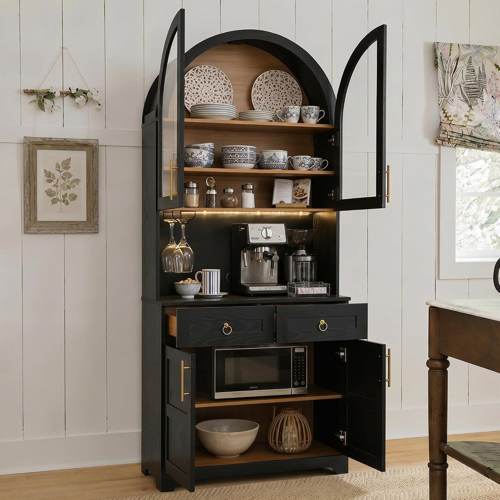 74.8" Tall Arched Kitchen Pantry with Power Outlet & LED Light, Kitc...