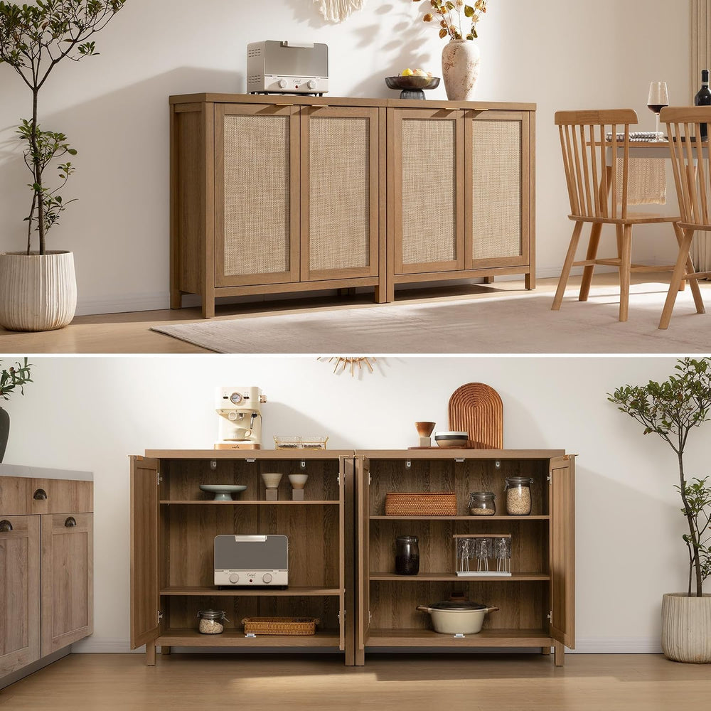 SICOTAS Sideboard Buffet Cabinet with Large Storage - Boho Rattan Credenza Co...