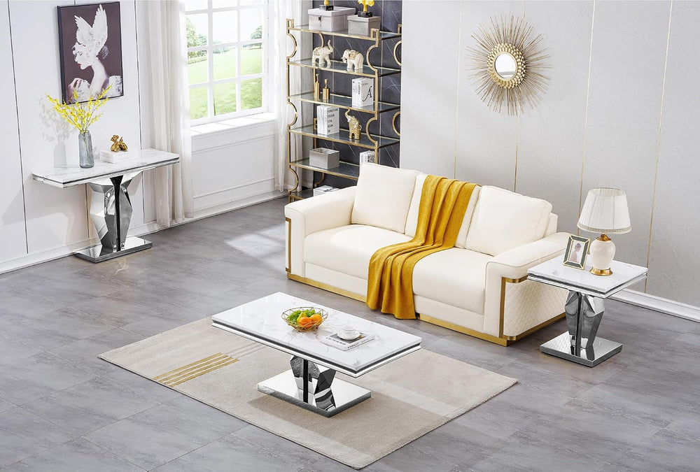 SSLine Modern White Faux Marble Console Table Luxury Entryway Table with Silv...