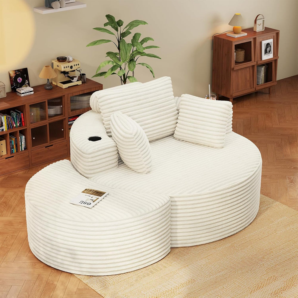 Round Chaise Lounge with Ottoman, Cloud Corduroy Curved Reading Lounge Sofa C...