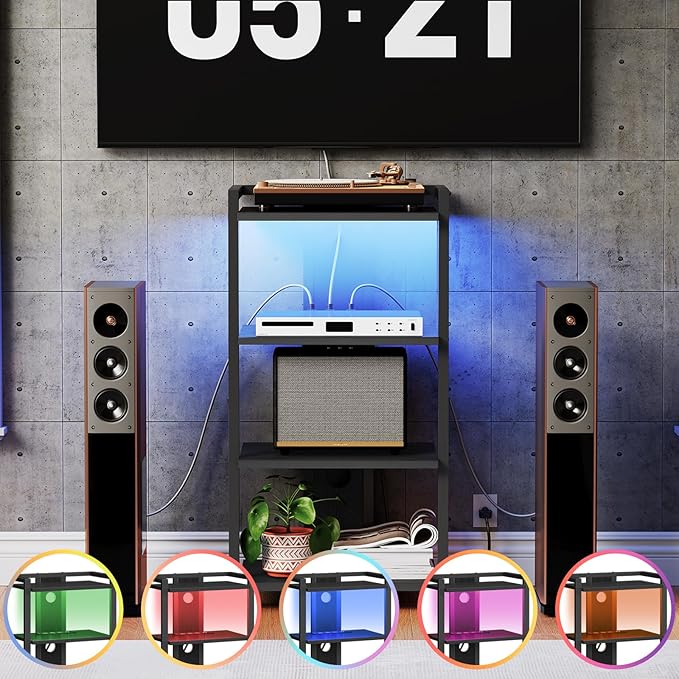 HOOBRO 4-Tier AV Media Stand with Charging Station and LED Light, Wooden Ster...
