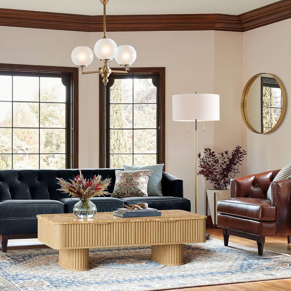 win2win Rectangle Coffee Table with Storage, Faux Marble Top, Boho,Oak