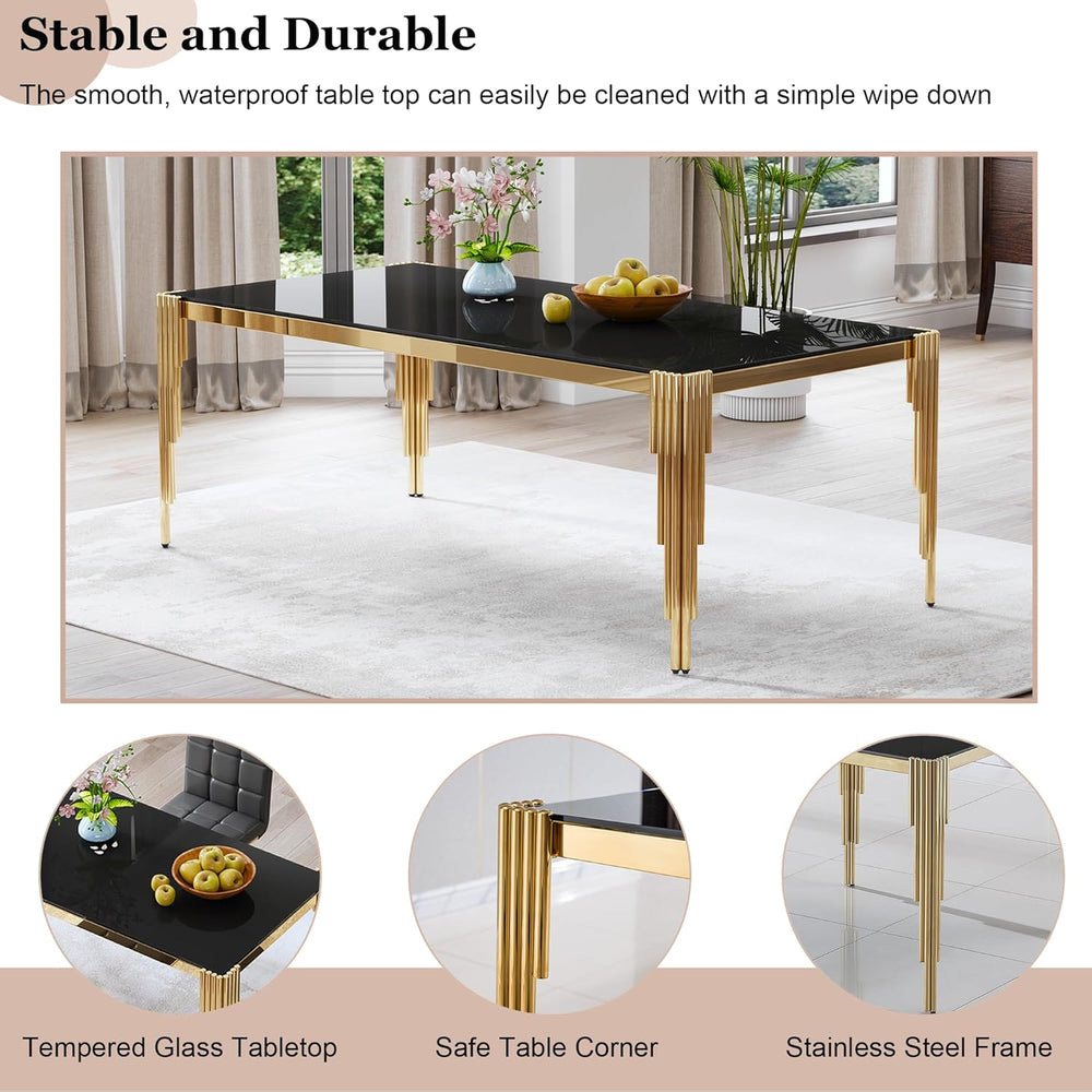 80" Large Glass Dining Table, Modern Rectangle Kitchen Table with Gold S...