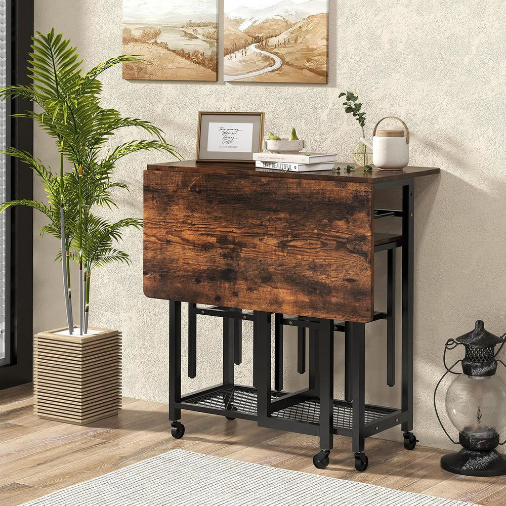 TANGZON 3 Piece Dining Table Set, Folding Drop Leaf Dining Table and 2 Stools...