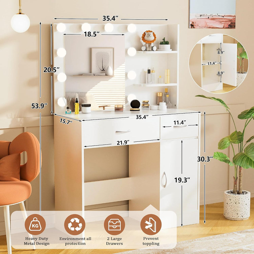 LIVELYGLOW 35.4" White Makeup Vanity Desk with 10 Hollywood Light Bulbs ...