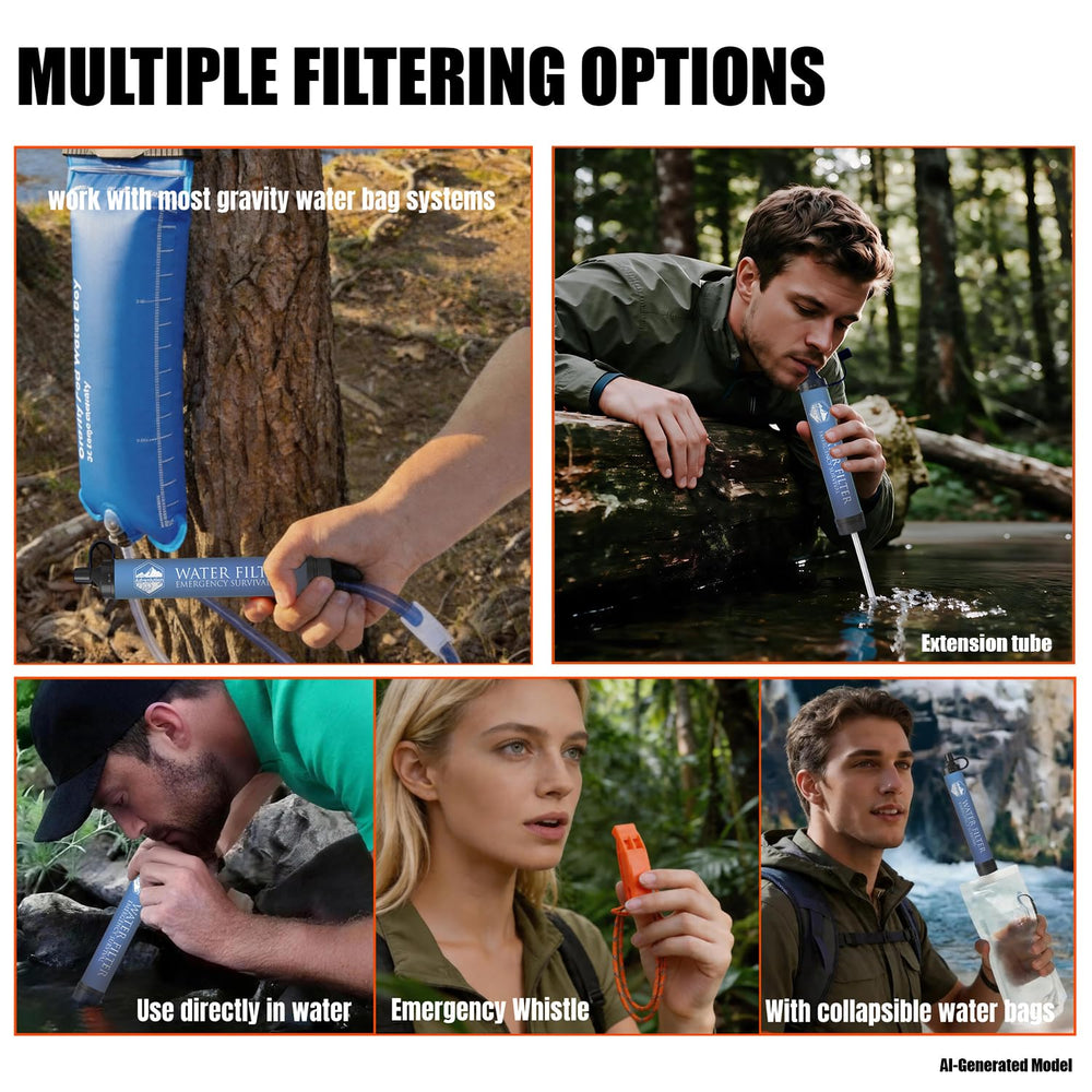 6-Pack Water Filter Straw with Emergency Whistle Survival for Outdoor