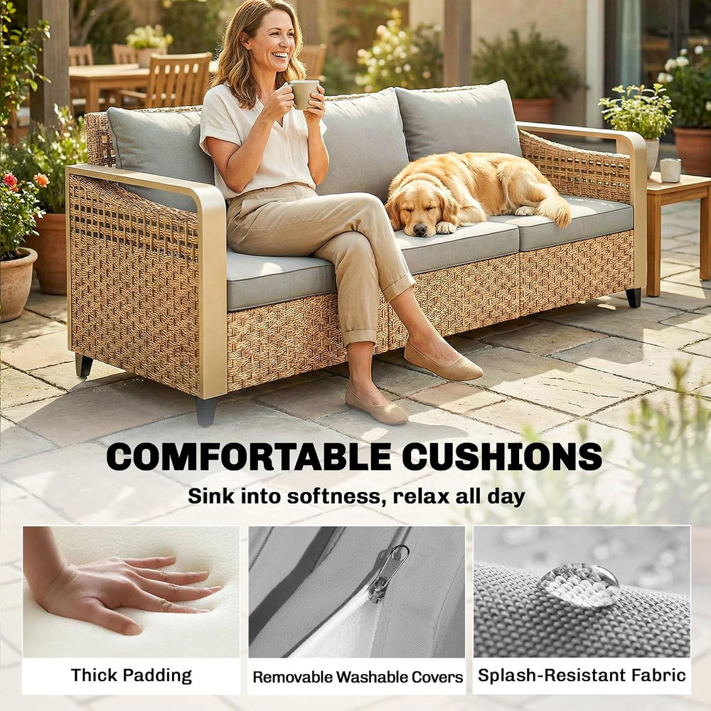 Outsunny Outdoor Patio Couch with Wide and Deep Seat, 3 Seater Wicker Outdoor...