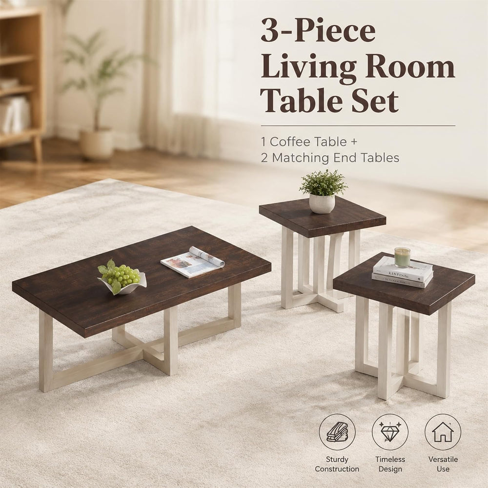3-Piece Coffee Table Set, Modern Living Room Furniture with Geometric Cross B...
