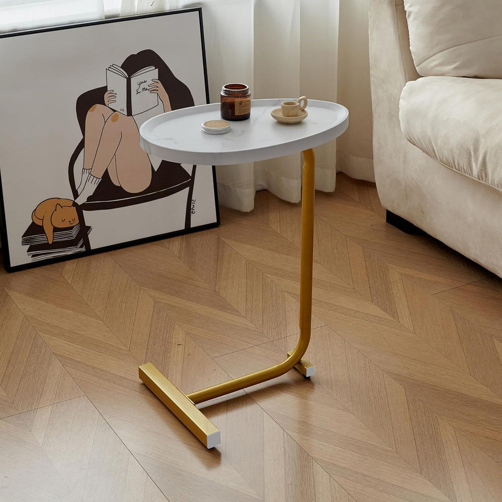 C-Shaped End Table, Small Side Table for Couch, Sofa Table with Metal Frame T...