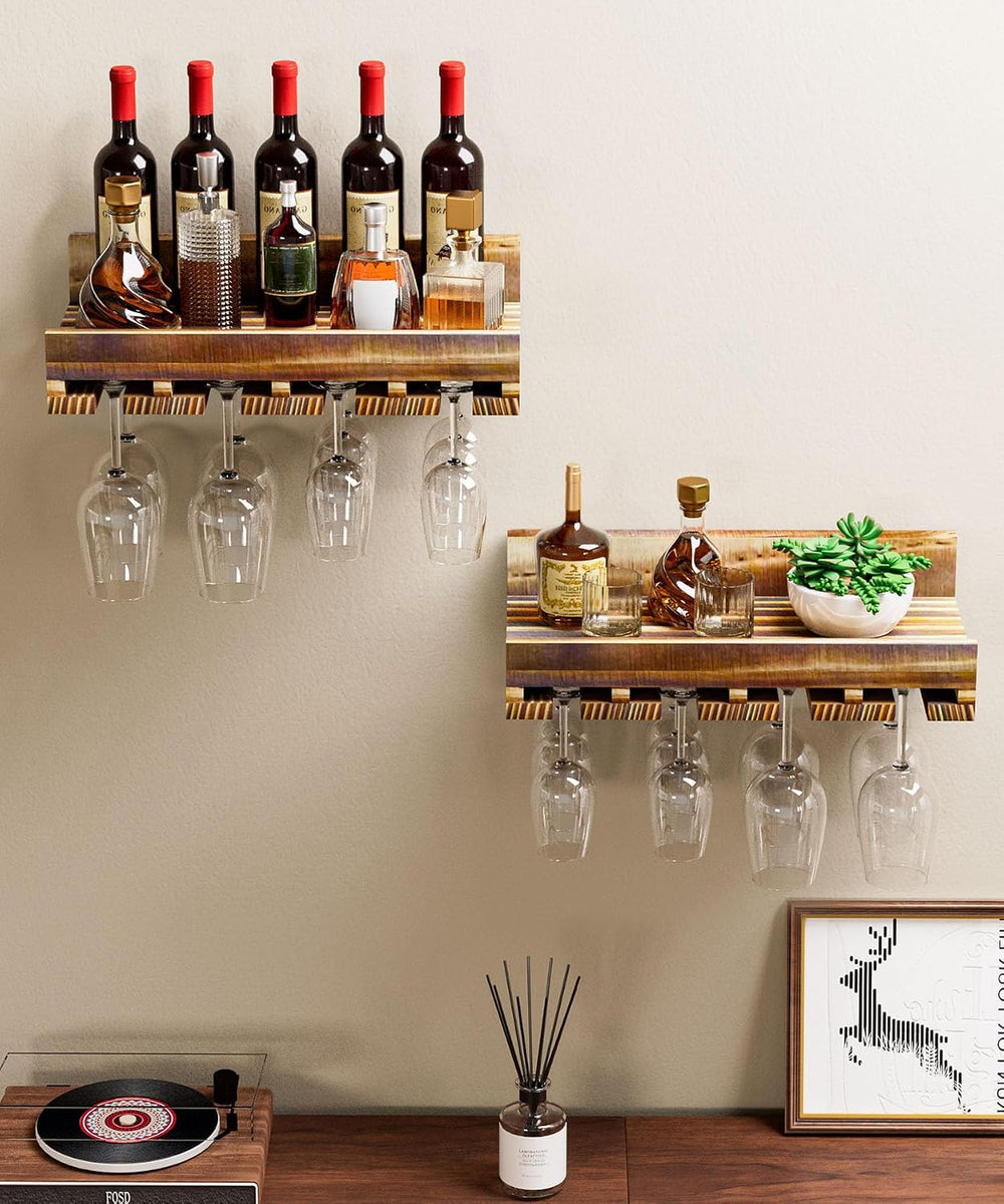 Homde Wall Mounted Wine Rack: 2-Pack Pine Wood Bar Shelf Set | Wine Storage f...