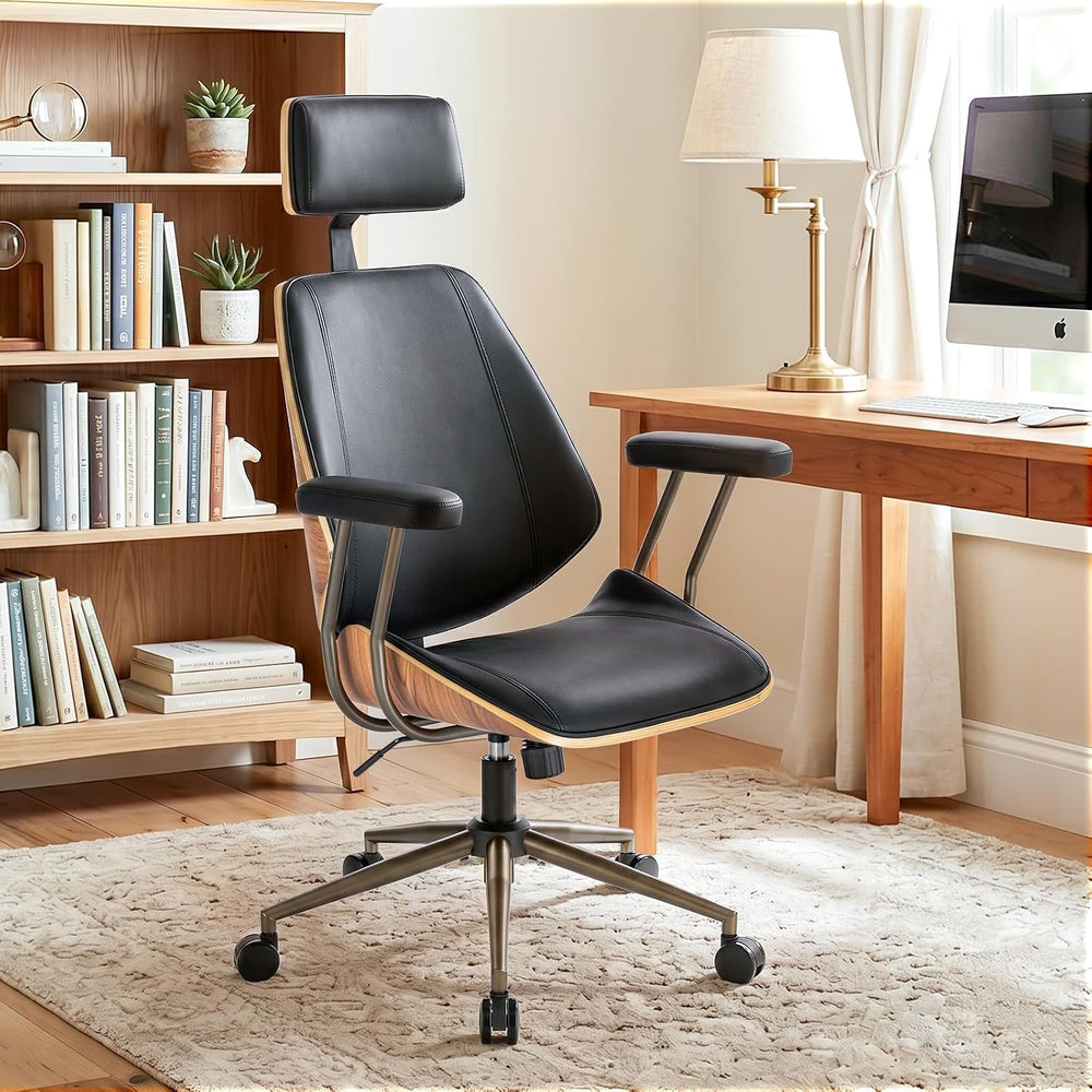 High Back Ergonomic Office Chair, with Headrest & Arms, Black | Faux leat...