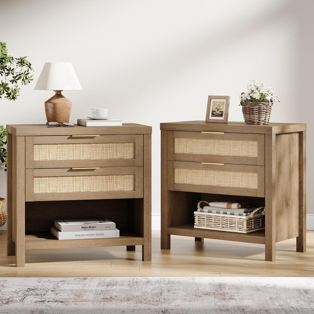 Eclatara Rattan Nightstands Set of 2 with 2 Drawers and Storage Shelf | Ratta...