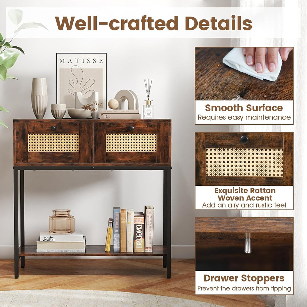 GOFLAME Rattan Console Table, Boho Entryway Table with 2 Drawers & Open S...