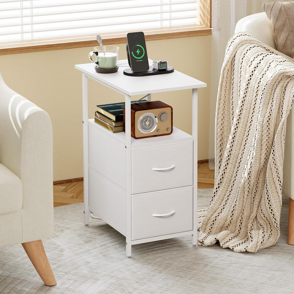 Somdot End Table with Charging Station, Narrow Side Table with 2 Fabric Drawe...