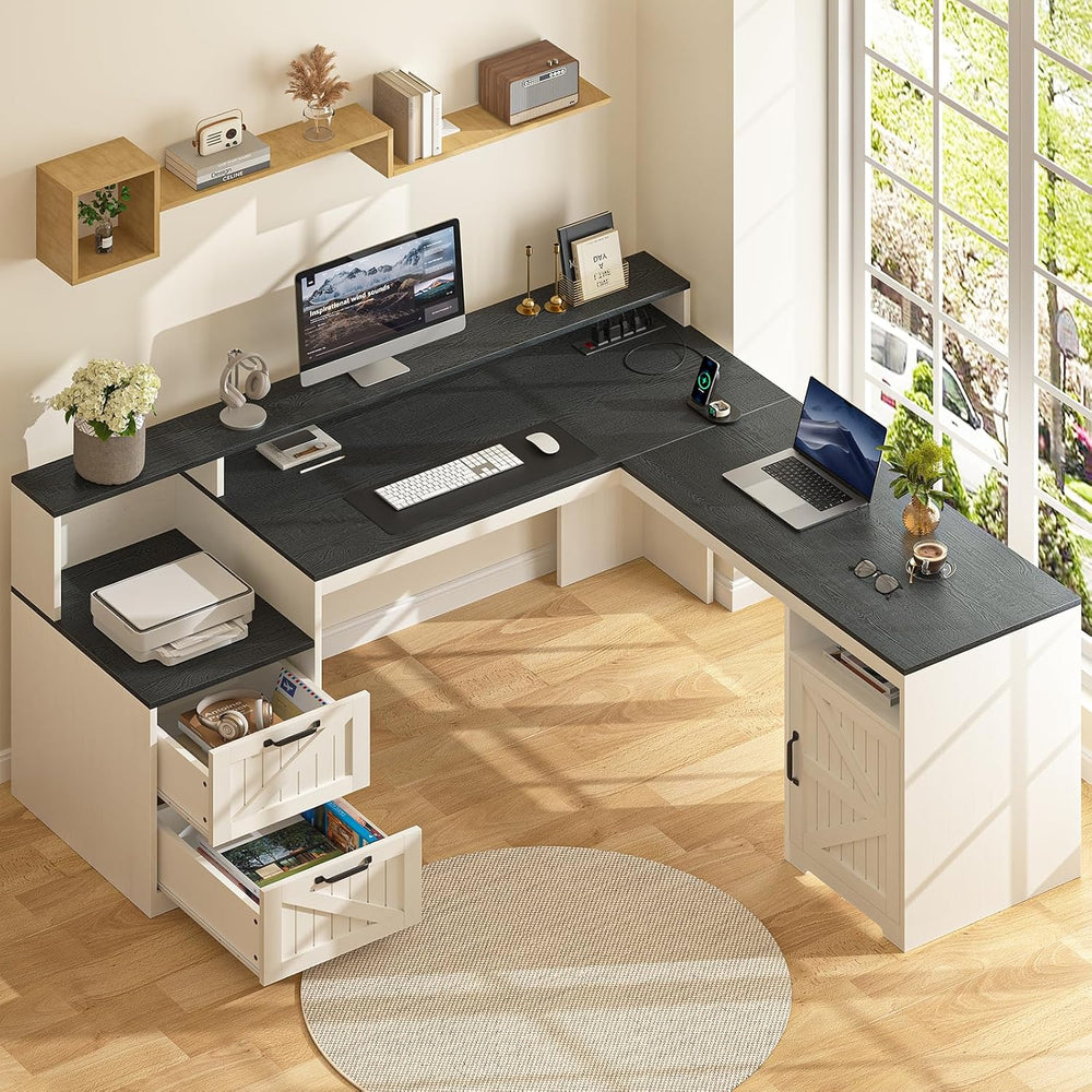63" Farmhouse L Shaped Desk with Drawers & Printer Shelf for Home Of...