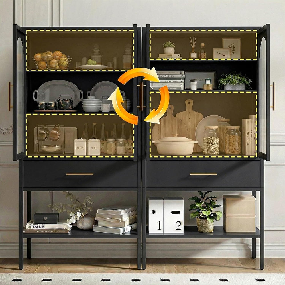 63" Tall Metal Storage Cabinet with Glass Doors, Kitchen Pantry Cabinet ...