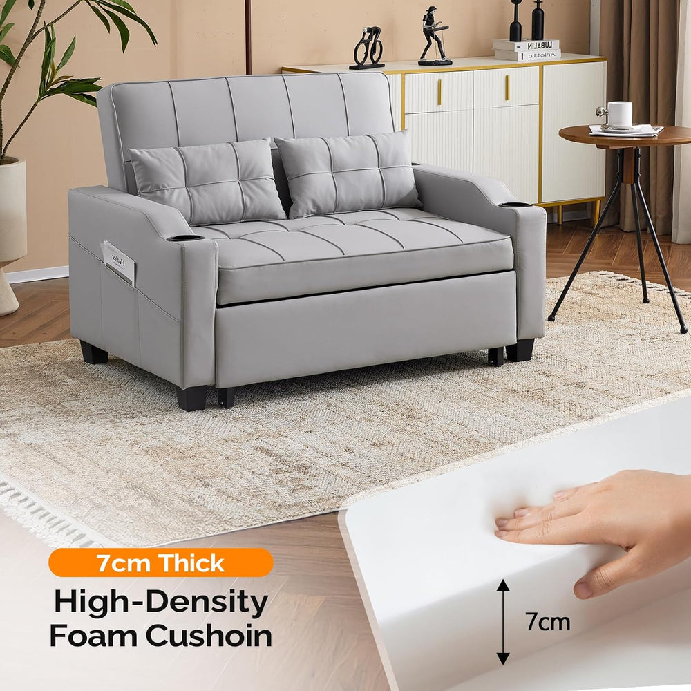 VINGLI Light Grey Futon Sofa Bed Convertible Loveseat Sleeper Couch, Faux Lea...
