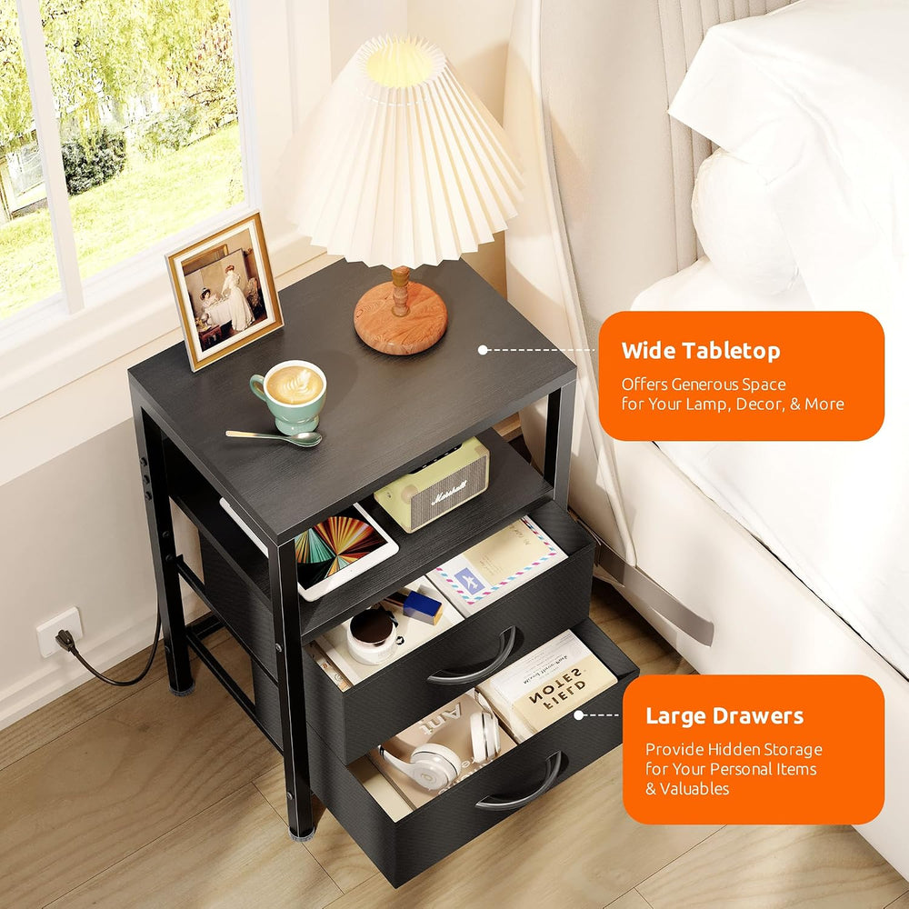 Lazzanto Night Stand with Charger Station for Bedroom, Black Nightstand | Bed...