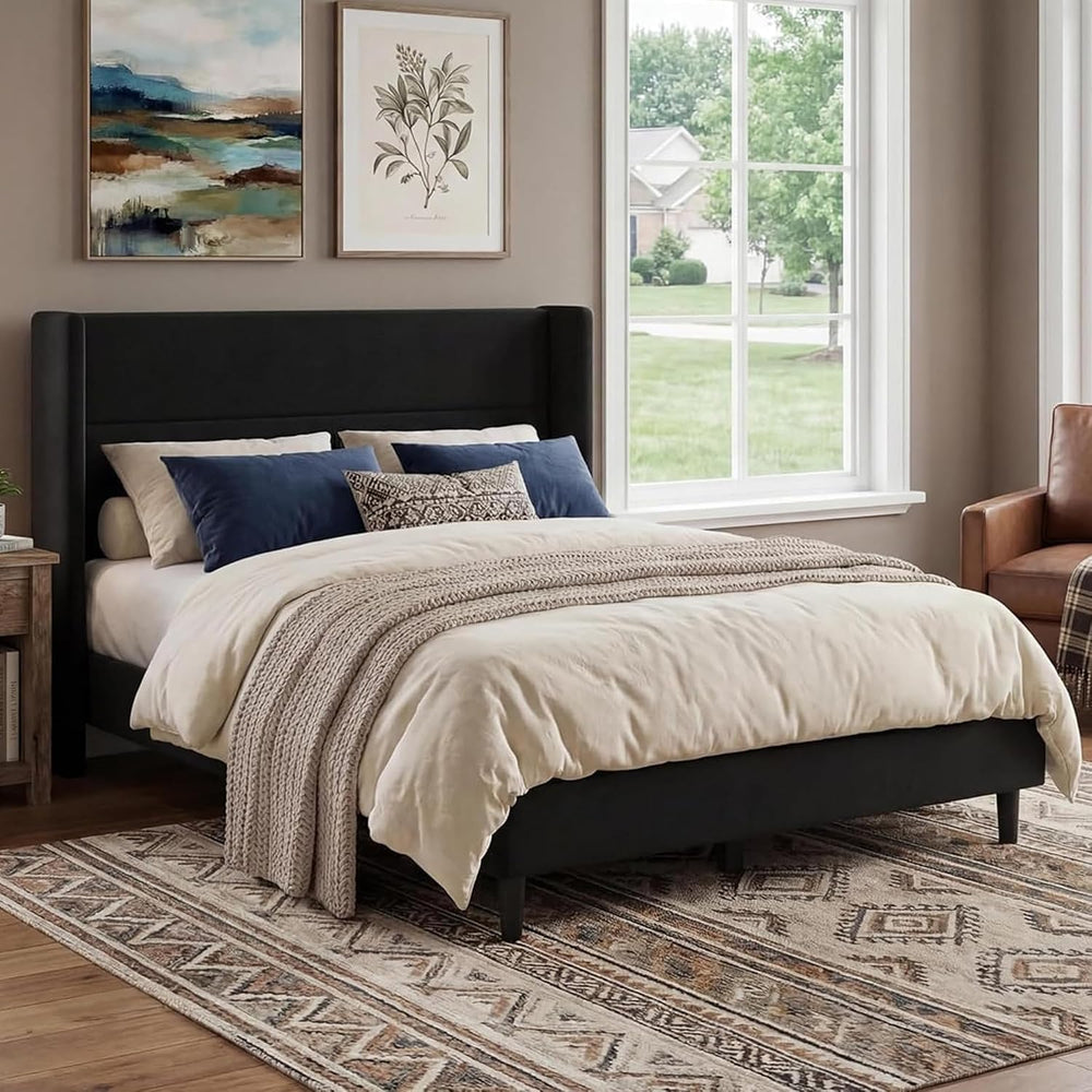 GarveeHome Queen Bed Frame with Wingback Headboard, Velvet Upholstered