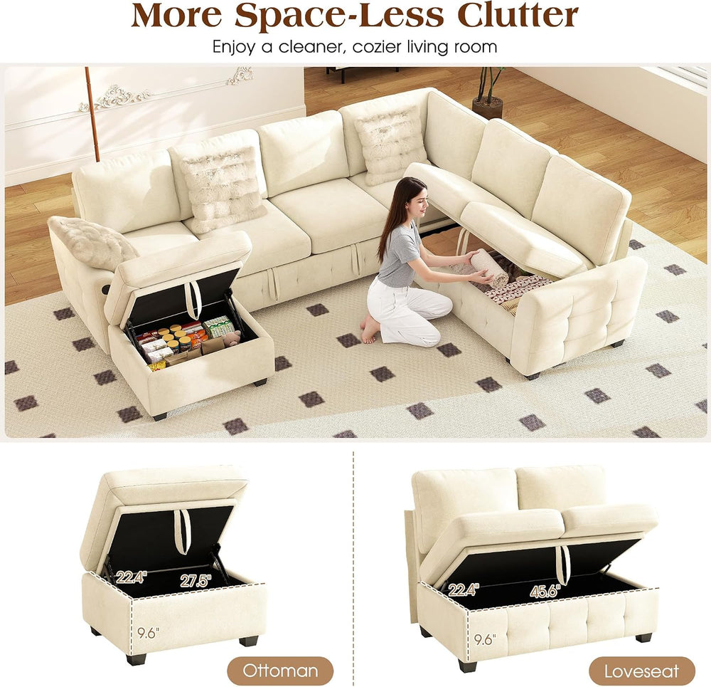 Ihanherry 106-inch Large L-Shaped Sectional Sofa Bed, 7-Seater Convertible Pu...