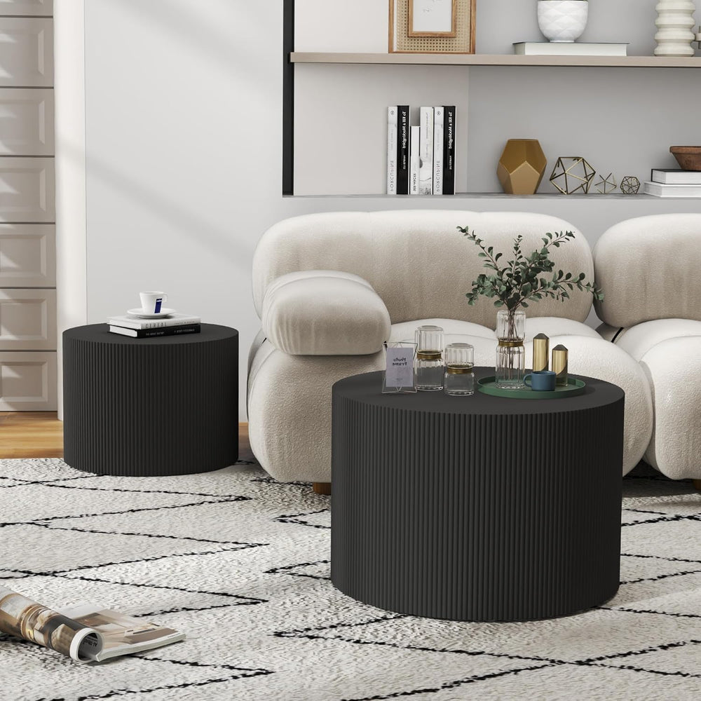 Nesting Coffee Table Set of 2, Round Wood Accent Table, Black | Modern Wooden...