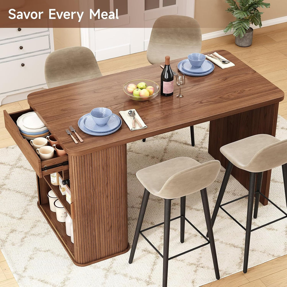 ONBRILL 61 Inch Fluted Kitchen Island with Storage Walnut | Counter Height Ta...