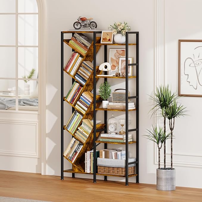 5-Tier Double Wide Bookshelf 67" , Industrial Tree BookShelves, Vintage ...