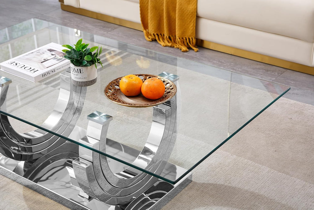 HomVent Glass Coffee Table with Silver Stainless Steel Base | 47"Rectang...