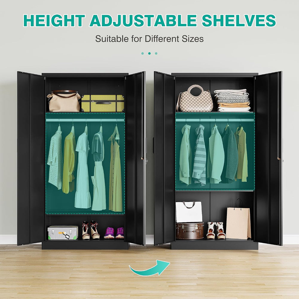 Metal Wardrobe Cabinet with Hanging Rod & Lock,Black Armoire Wardrobe Clo...