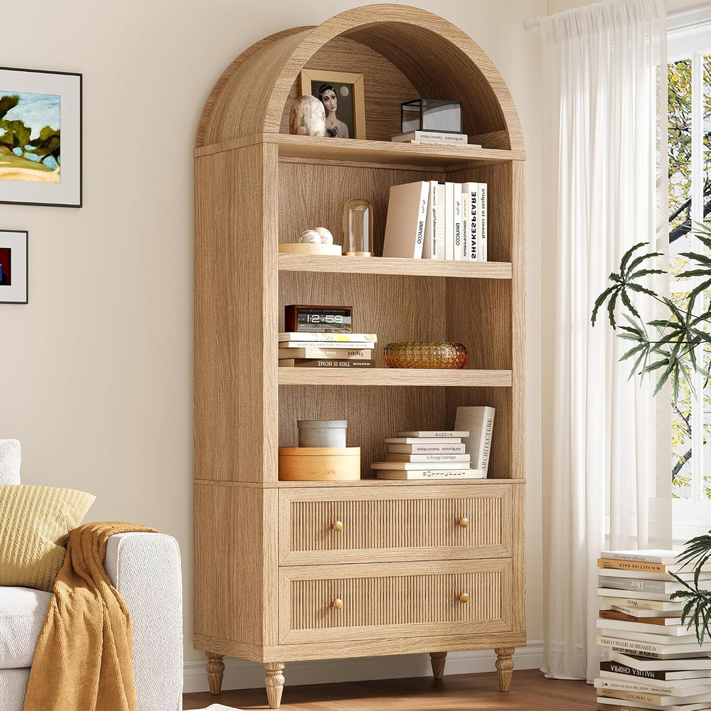 INNOD 72" Tall Arched Bookshelf, 6 Tiers Arch Bookcase with Drawer, Farm...