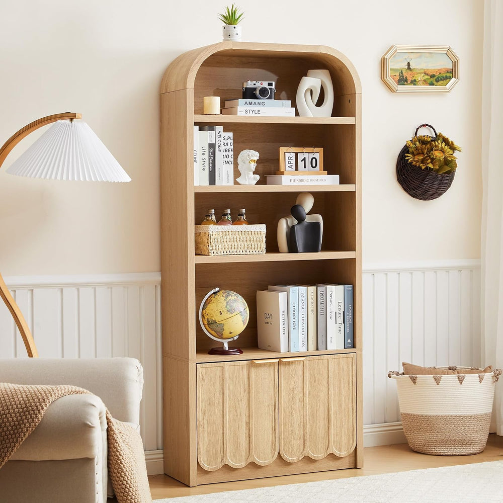 ORRD 70" Tall Arched Bookshelf with Storage Cabinet, Modern 4-Tier Wood ...