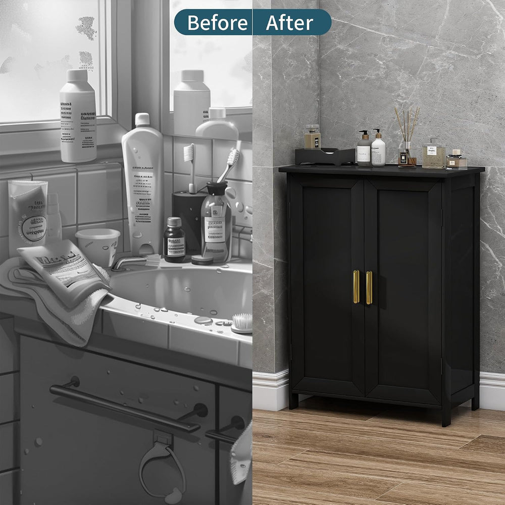 Bathroom Floor Storage Cabinet Freestanding Organizer with 2 Doors, Black