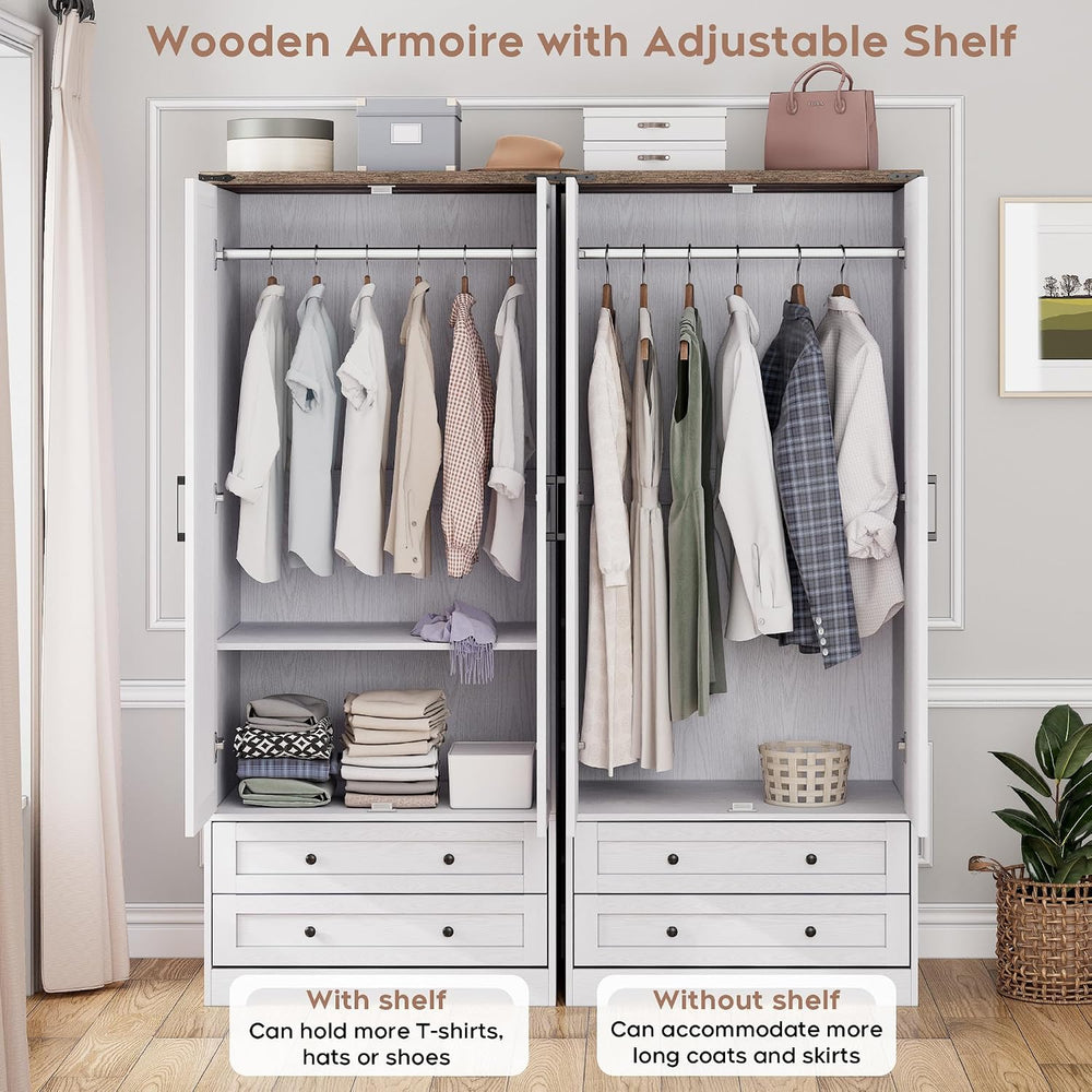 Brafab 2 Doors Wooden Armoire Wardrobe Closet with 2 Drawers, White | 2 Moder...