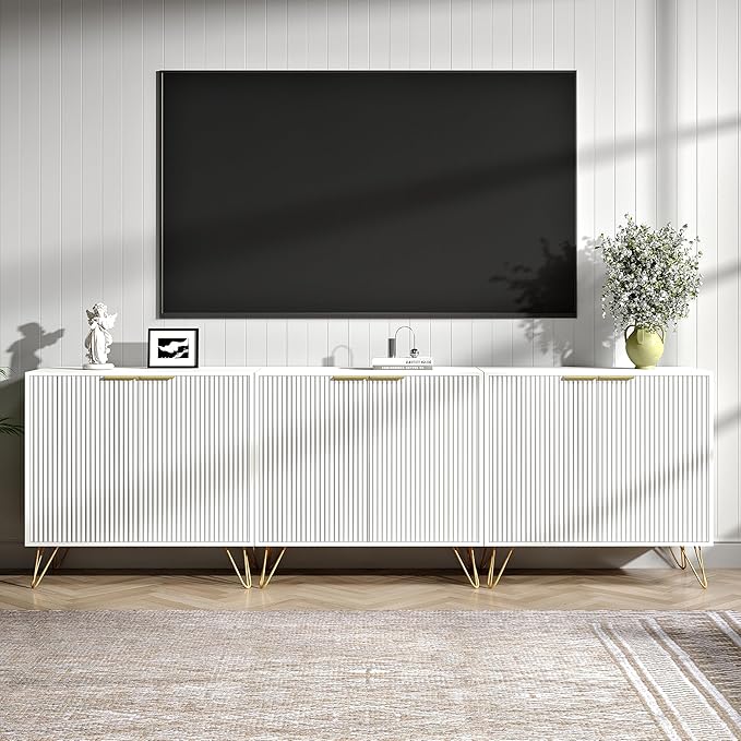 Fluted TV Stand for 90 Inch TV, Modern TV Stand Console, White Entertainment ...