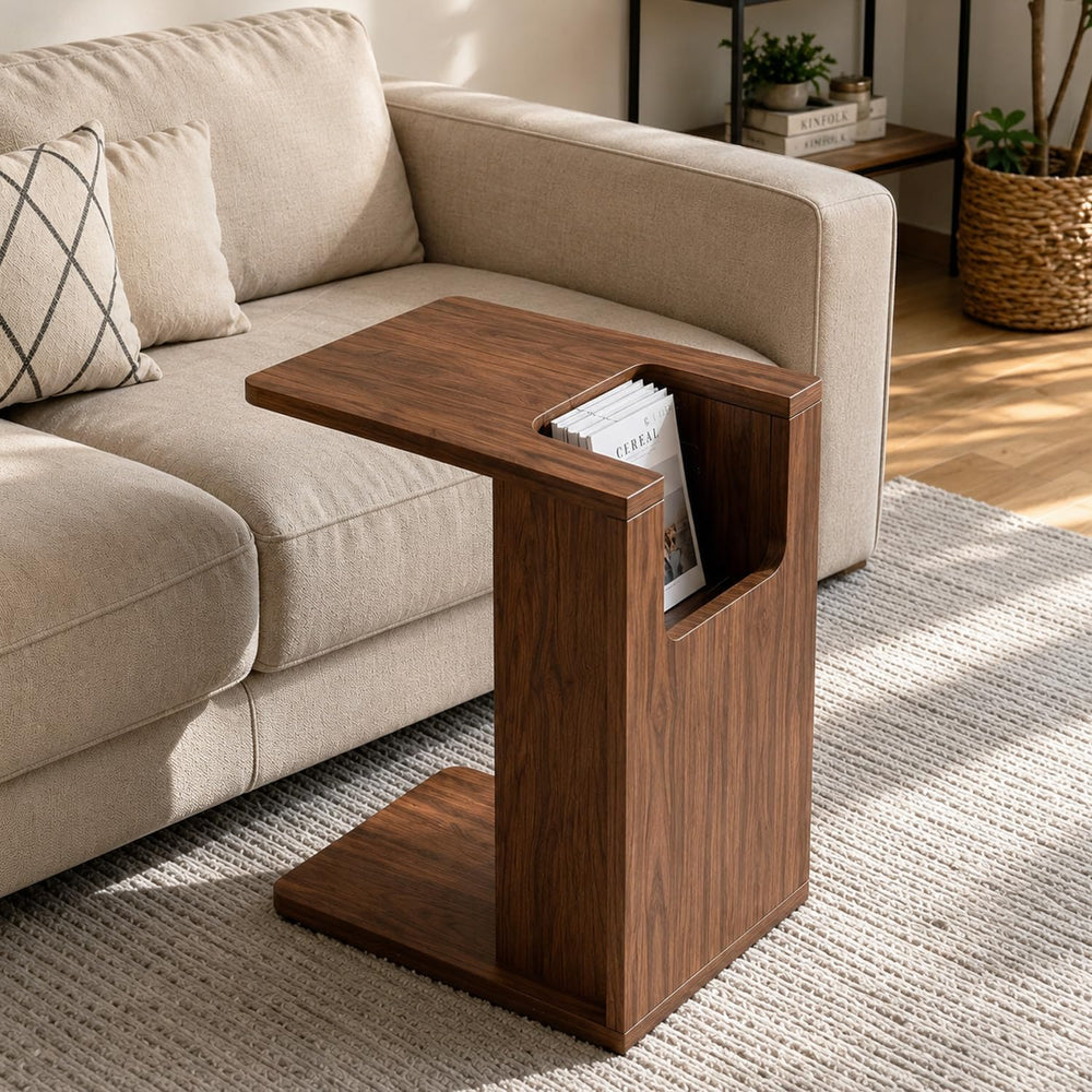 Modern C Shaped End Table for Couch,Walnut Solid Wood Nightstand,Slide Under ...