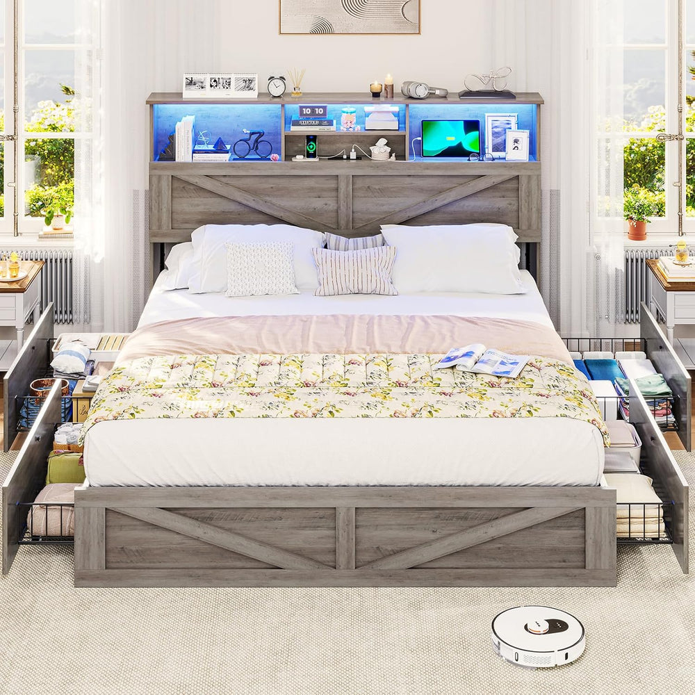 VIAGDO Farmhouse Bed Frame Full Size with Bookcase Storage Headboard, Chargin...