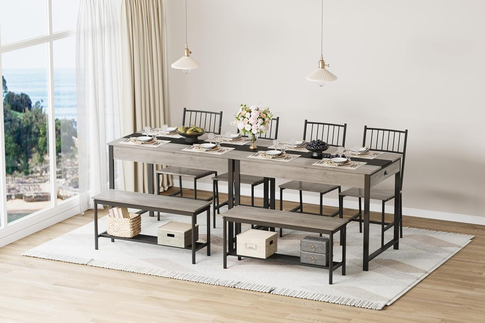 GarveeHome Dining Table Set for 4,Kitchen Table with Bench & 2 Chairs, Grey