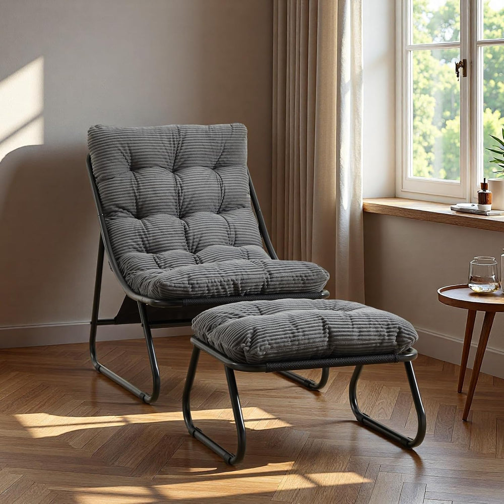 Patio Outdoor Lounge Chair with Ottoman, Armless Lounge Chair with Black Meta...