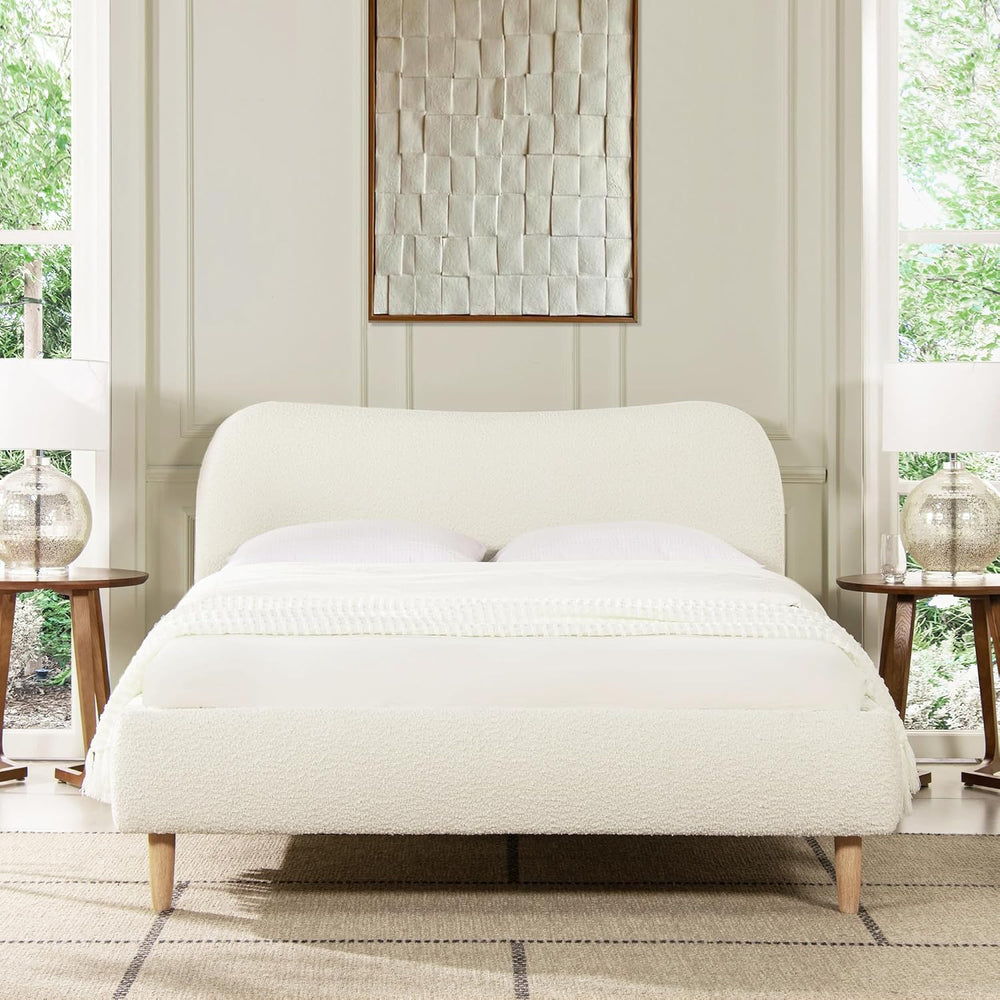 Curved Headboard Upholstered Platform Bed Queen Ivory White Boucle